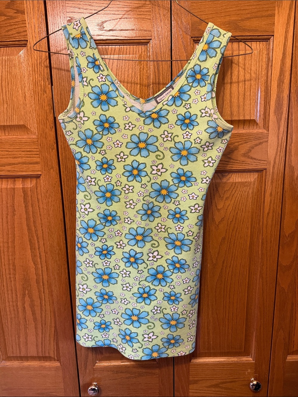 Aqua Blues Green Floral Tank Mini Dress with Blue Flowers- Large